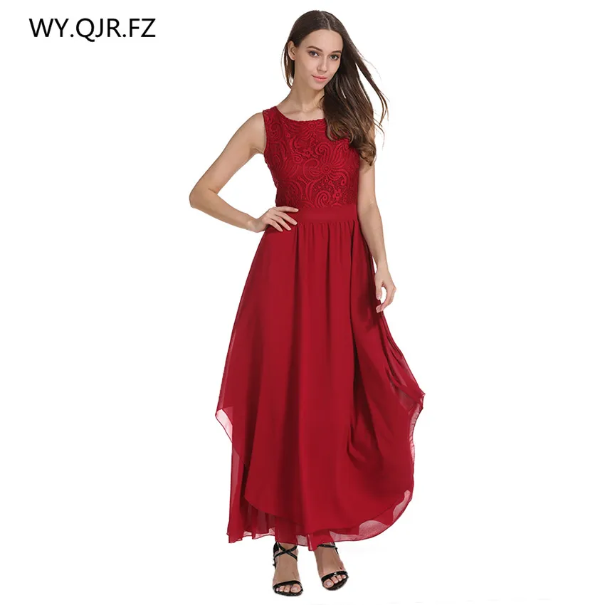 JCYL602 # шифоновые кружевные винно красные вечерние платья с круглым вырезом