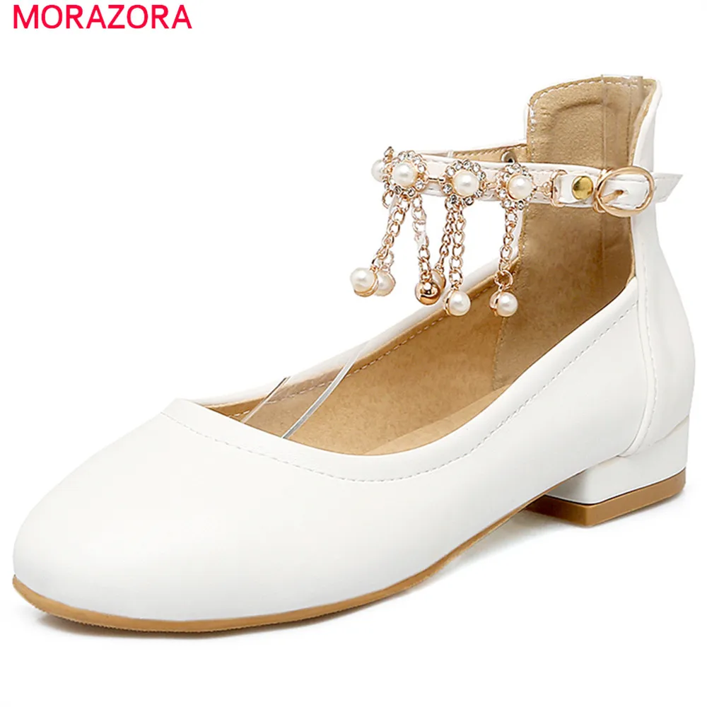 

MORAZORA new arrive 2020 round toe pumps women shoes with buckle crystal square heels shallow elegant dress ladies shoes