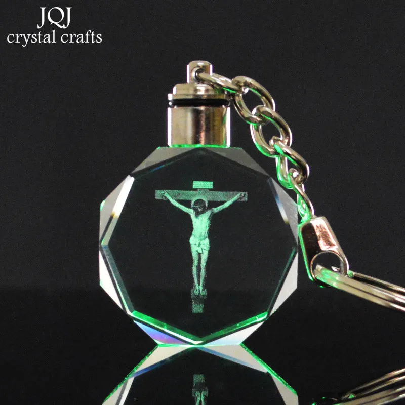 

1 Piece Laser Engraved Jesus Cross Crystal Crafts Glass Keychain With Changing Colors Light For Onaments Home Decor Gifts