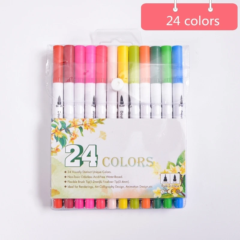 

24 Colors/Set Double Heads Art Markers Profession Watercolor Brush Pen Painting Writing Supplies Kawaii Stationery Set Wholesale