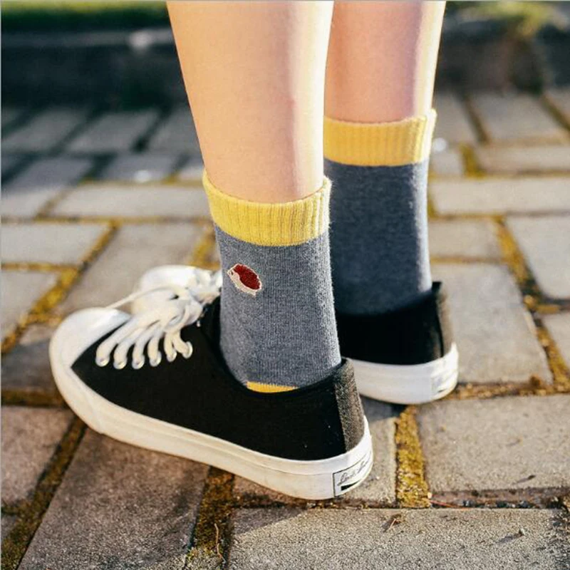 Morematch/1 пара, женские носки для отдыха, хлопковые носки с вышивкой ежика, носки в студенческом стиле, 5 цветов на выбор