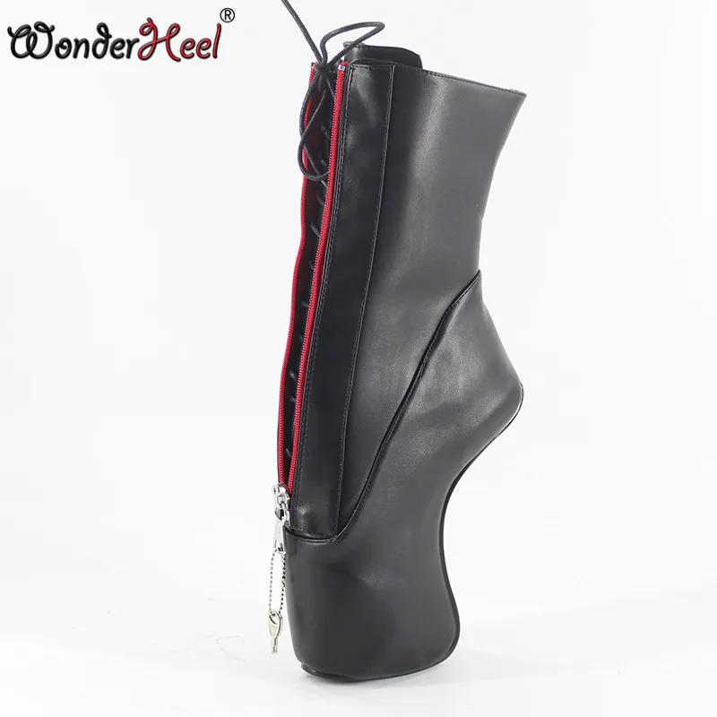 

Wonderheel new super high heel 7" wedges heel YKK locked zipper matte black sexy fetish lace up curved heel ankle ballet boots