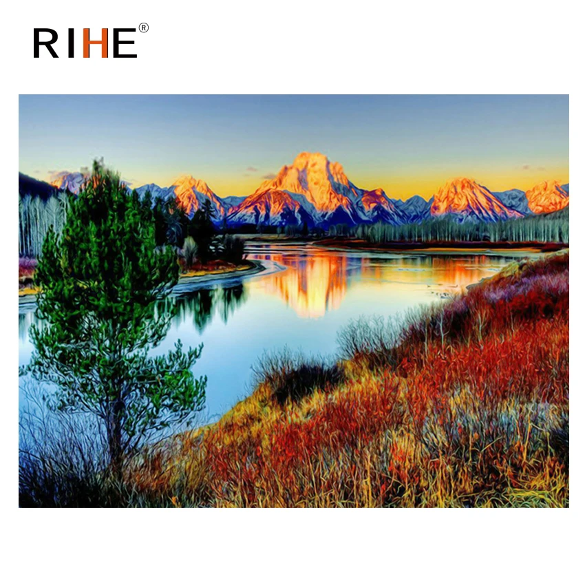

RIHE Lakeside Mountain Diy Painting By Number Oil Painting On Canvas Hand Painted Tree Cuadros Decoracion Acrylic Paint Home Art