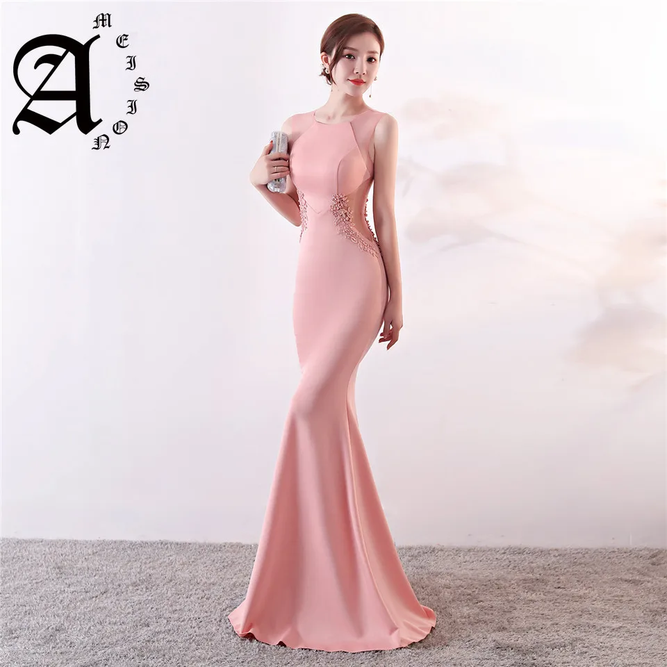 

Ameision Evening Dresses Royal O-neck Sleeveless Pearls Party gown Elegant Embroidery zipper back long Slim Trumpet Prom dress