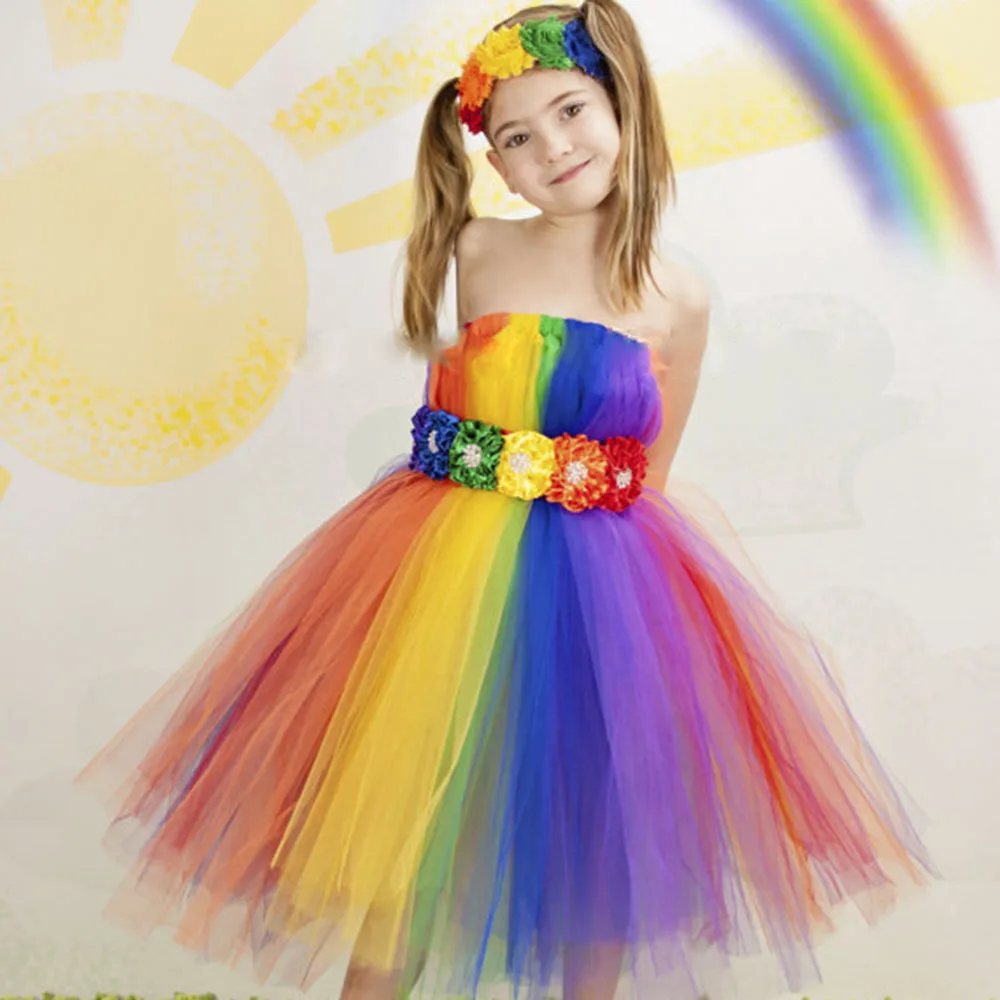 Яркое Радужное платье для девочек; бальное платье принцессы; вечерние платья-пачки для свадьбы; праздничные костюмы для девочек; Детские фатиновые платья для дня рождения - Цвет: rainbow dress 2
