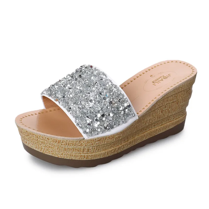 

Women Shoes Women Muffin Bottom Shoes Sequins Non-slip Wedges Slippers 2019 Summer Black Slippers Beach Sandals Women Sandals