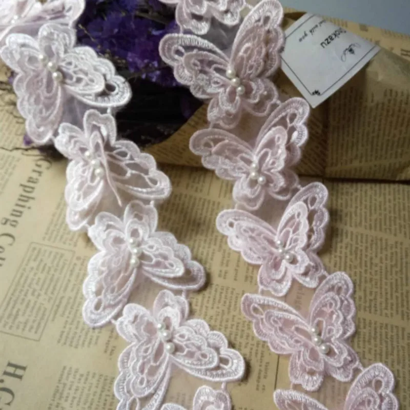 

10x Light Pink Butterfly Pearl Embroidered Lace Trim Ribbon Fabric Handmade DIY Sewing Craft For Costume Hat Shoes Decoration