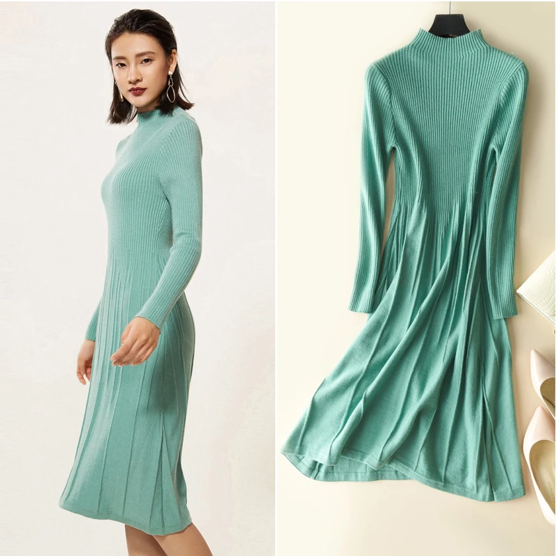 

High Collar Long Cashmere Dress Women Winter Cashmere Dresses 2018 New Pullover Knitted Mid-Calf Length Pleated Dress Sweater
