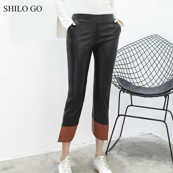 

SHILO GO Leather Pants Womens Spring Fashion sheepskin genuine leather Pants high waist office lady hot color pencil pants
