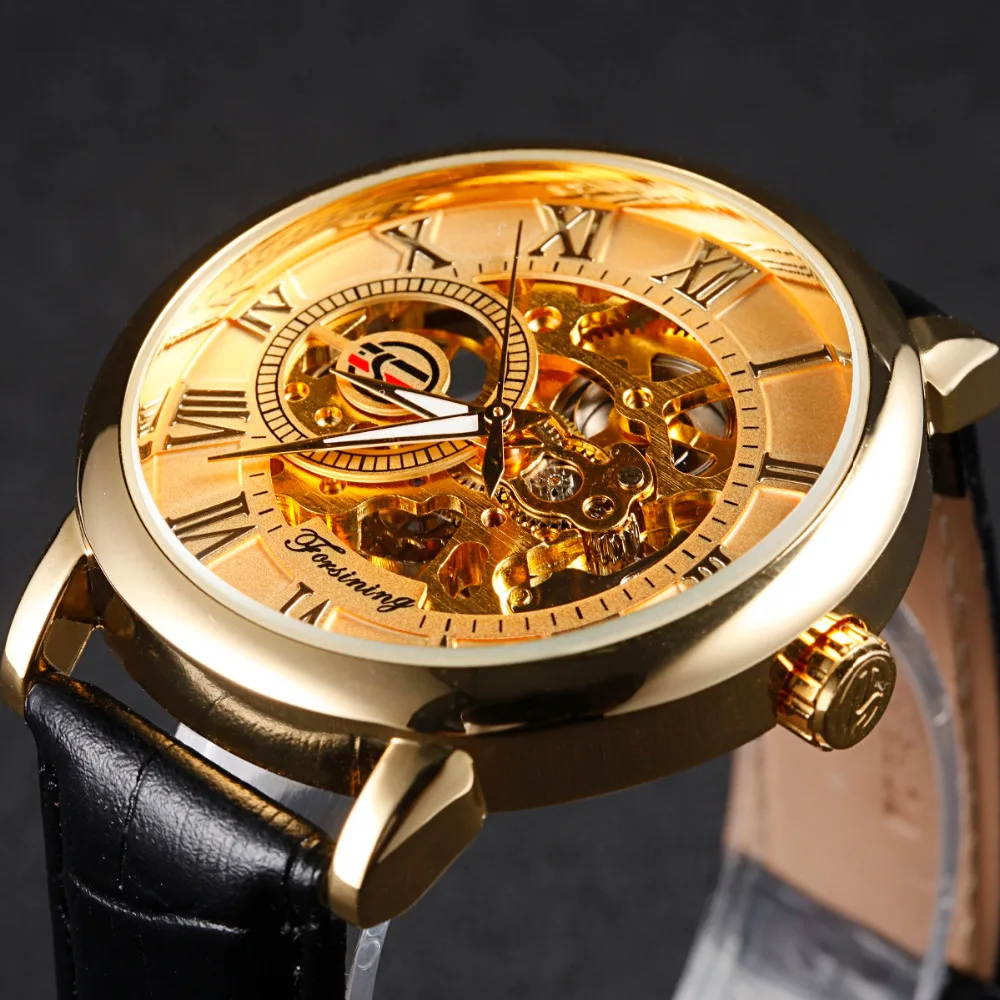 FORSINING Golden Case Luxury Men Rome Number Display Mechanical Watch Black Dial Leather Strap Male Casual Watch Brand Causal faux leather strap number watch