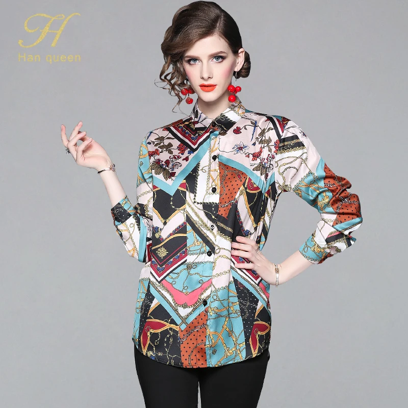 

H Han Queen 2019 Spring New Arrival Print Shirt Women Blouse Vintage Work Casual Tops Blouses Plus Size Women Business Shirts
