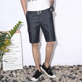 

Business Stretch Punk Shorts Men Jeans Straight Pockets Short Straight Denim Trousers Motocycle Knee Length Streetwear