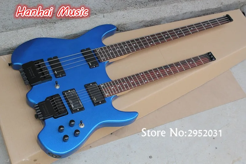 

Free Shipping-2-neck 4-String Bass and 6-String Electric Guitar,no Headstock,24 Frets,Metallic Blue Color and can be Customized
