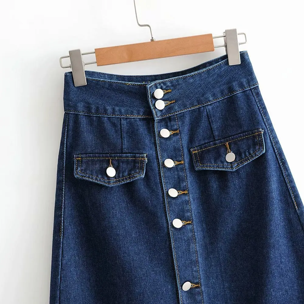 Винтажные джинсовые юбки на одной пуговице, женские юбки средней длины с высокой талией, женская модная уличная одежда