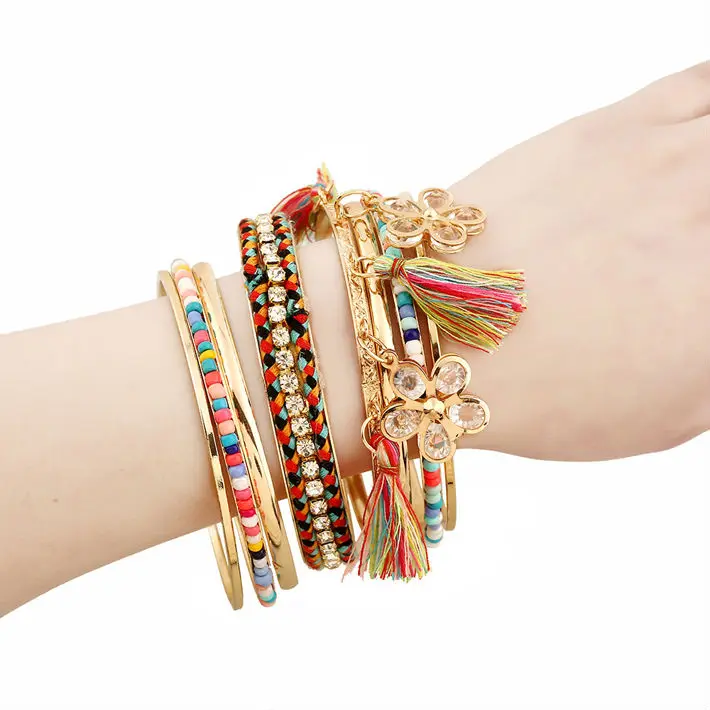 Женский богемский очаровательный браслет и браслеты, красочные богемные манжеты на руку, большой золотой этнический Набор браслетов с кисточками