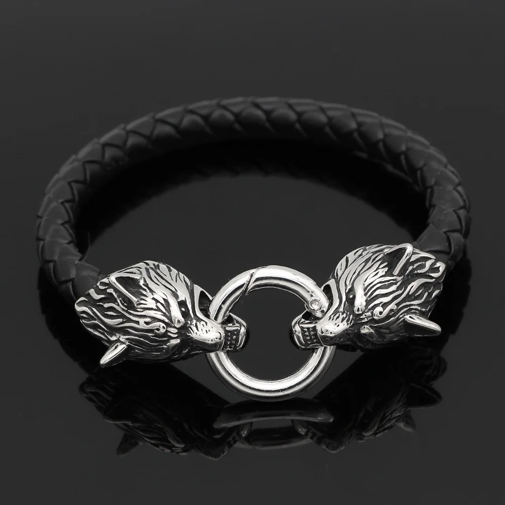 

Men 316L Stainless steel leather norse viking wolf bracelet 21 23 25 CM