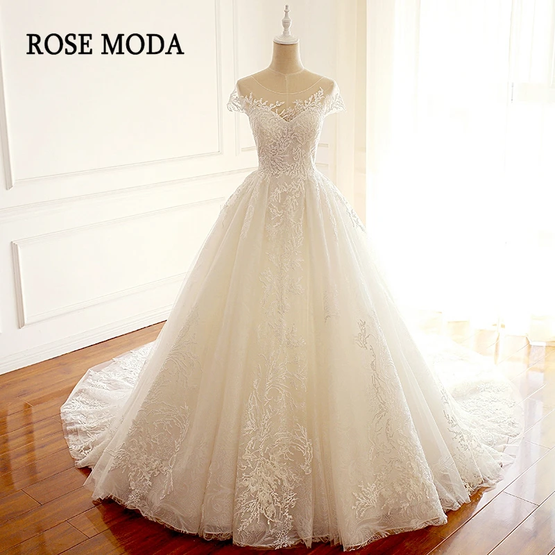 

Rose Moda Stunning Short Cap Sleeves Lace Wedding Dress 2019 Backless Wedding Dresses with Lace Up Back Real Photos