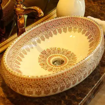 

Europe style oval shape handmade porcelain china Art sinks Counter Top ceramic wash basin bathroom sink
