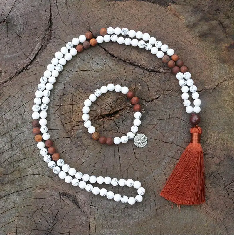 8 мм Howlite, античный оникс, JapaMala ожерелье, ювелирные изделия для йоги, чакра камни мала, буддистская мала молитвенная бусина, 108 Мала Бусы - Окраска металла: Родиевое покрытие