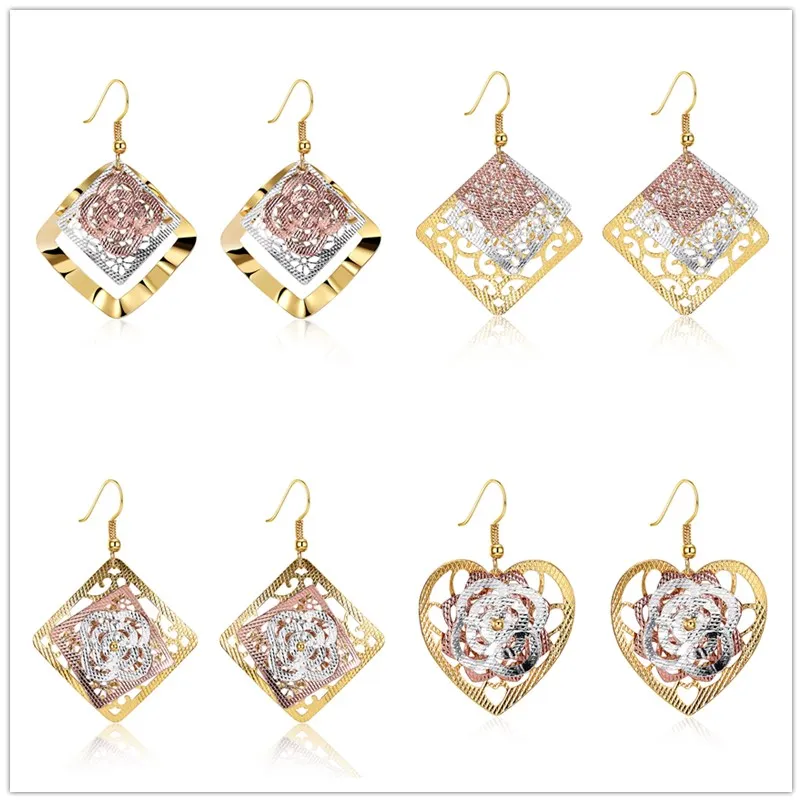 

Wholesale Luxury Female Stamped Flower Pattern Retro Geometric Drop Earrings Gold Plating Dangle Earrings For Women Jewelry Gift