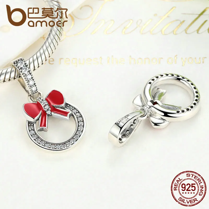 BAMOER Christmas Gift 925 Sterling Silver Christmas Wreath Red Bow Knot Pendant Charms fit Women Bracelets Fine Jewelry SCC077