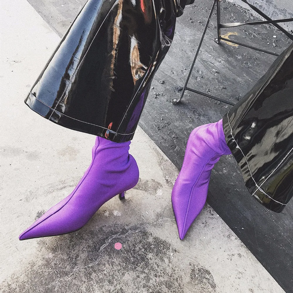 

New Black Pointed-toe Socks Boots Female Strechable Bare boots Elastic Tube Ankle Boots Woman Thin Heel Short Boots