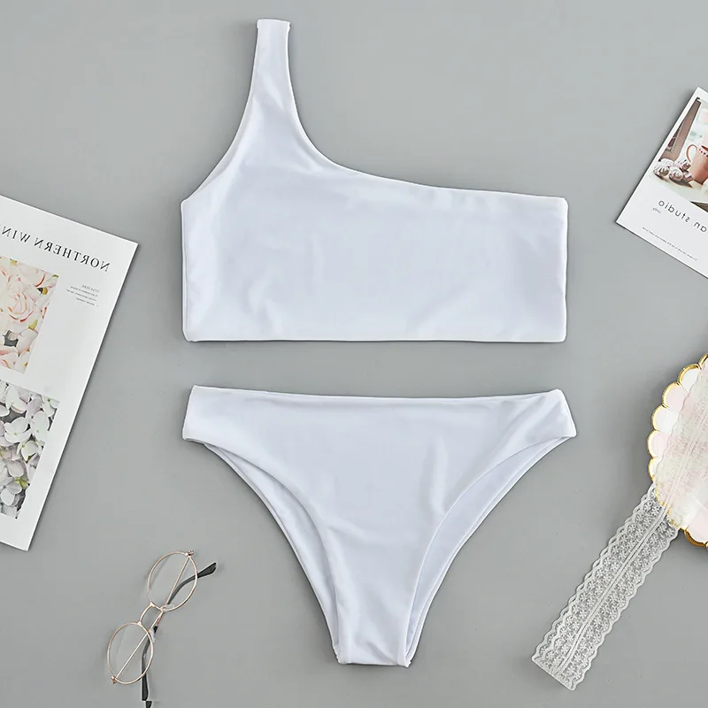 

Wasteheart Summer White Sexy Bikini Sets Women Swimsuit Bikini One Shoulder Swimwear Low Waist Bathing Suit Female Brazilian