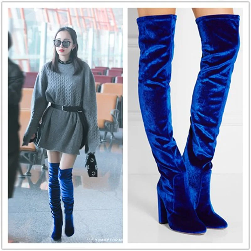 

New Arrival Autumn Winter Velevt Party Dress Shoes Women Round Toe High Heel Botas Vintage Zipper Detail Thigh High Boots