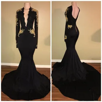 

Black Muslim Evening Dresses Mermaid V-neck Long Sleeves Appliques Formal Islamic Dubai Saudi Arabic Long Prom Evening Gown
