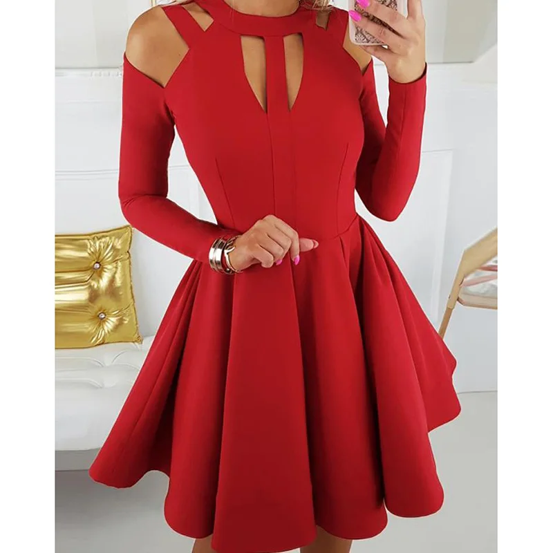 

Women Summer Long Sleeve Red Sexy Hollow Out O Neck Slim Fit Party Dress Ladies Casual European Style Night Club Dress SJ3014E