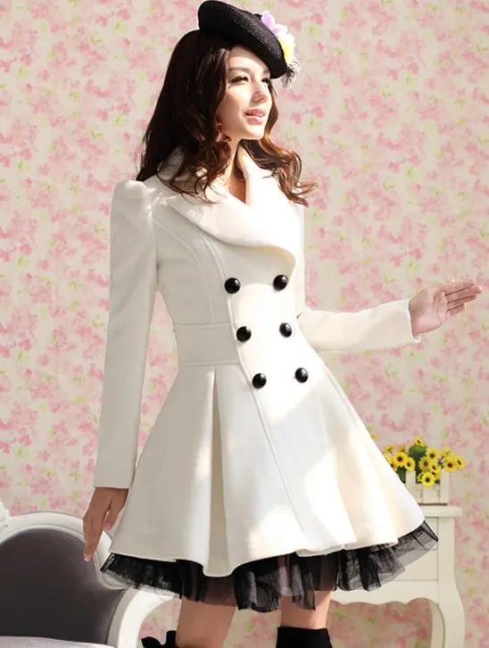2016 women White twill veil placed double breasted wool coat CASUAL