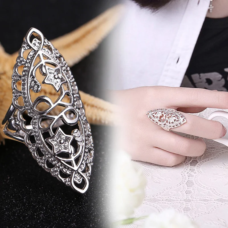 

Retro Silver Hollow Ring Large Carved Temperament Elegant Charm Wedding Party Ring Jewelry Gift For Women