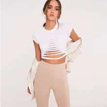 Summer Italy hot fashion personality round neck hole hollow navel short sexy female T-shirt stylish round neck embroidery hole t shirt