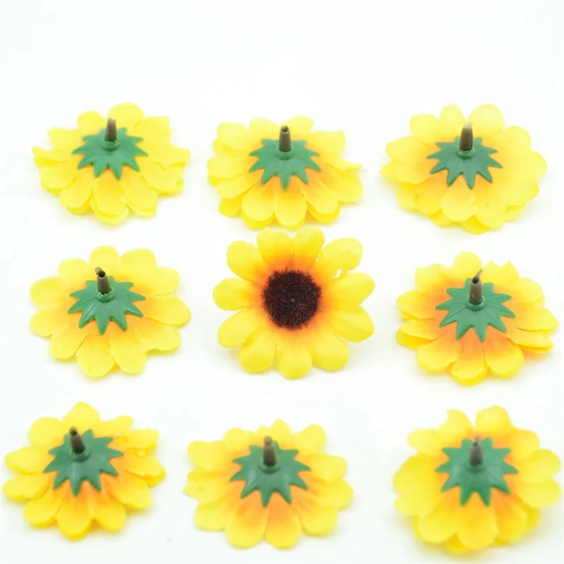 100pcs 4cm Fake flowers Mini Silk Sunflower Artificial Flower Head For Wreath Decoration  Wedding Box Decoration