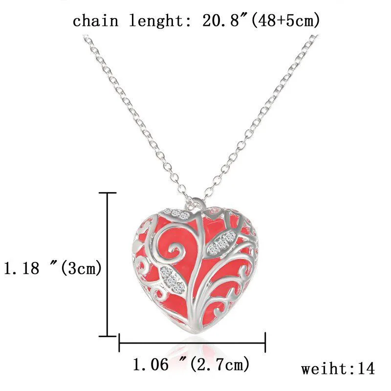 Turquoise Glow In the Dark Heart Necklace Silver Hollow Pendant Christmas Best Friend Gift