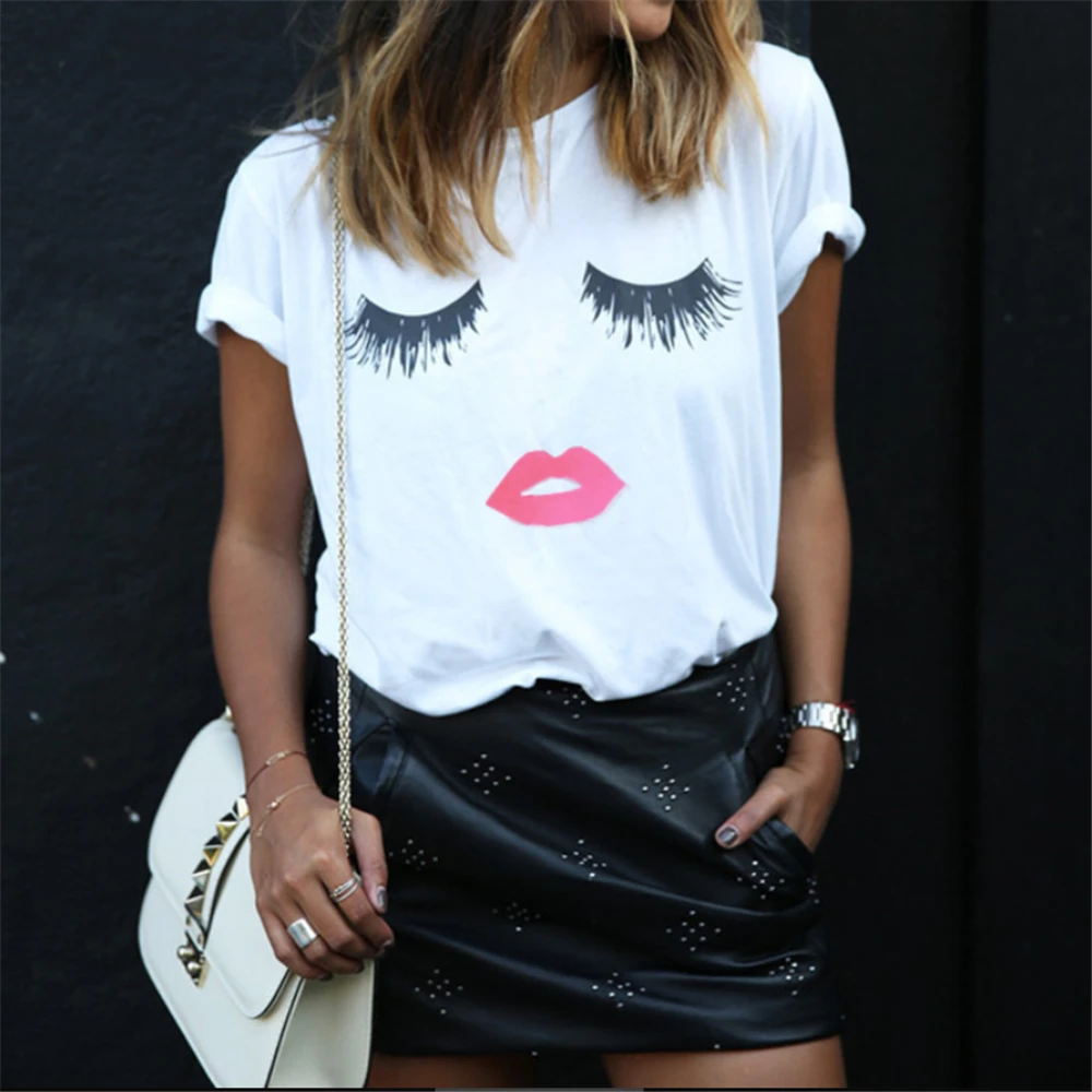 Nueva ropa de moda coreana blusa de ojos impresión camisa ojos labios para mujeres Nueva ropa de moda coreana blusa de ojos impresión camisa ojos labios para mujeres