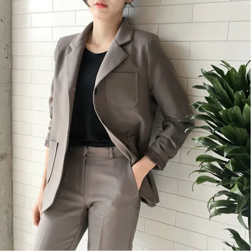 High Quality Long Slim Pant Female New Blazers Suit Solid gray Simple Women Pants Suits 2 Piece Sets Fall New Arrival S87404X High Quality Long Slim Pant Female New Blazers Suit Solid gray Simple Women Pants Suits 2 Piece Sets Fall New Arrival S87404X