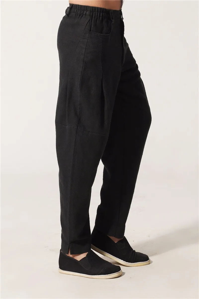 Китайские мужские черные свободные женские шаровары для отдыха в винтажном стиле кунг-фу Тай Чи Брюки с эластичной резинкой на поясе и на штанах M L XL XXL XXXL MP011