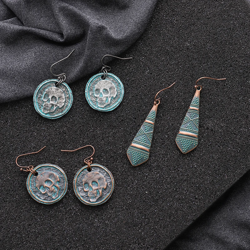 

Vintage Bronze Charm Earrings Round Emboss Skull Geometric Drop Earrings 2019 New earrings for women gifts Jewelry wholesale