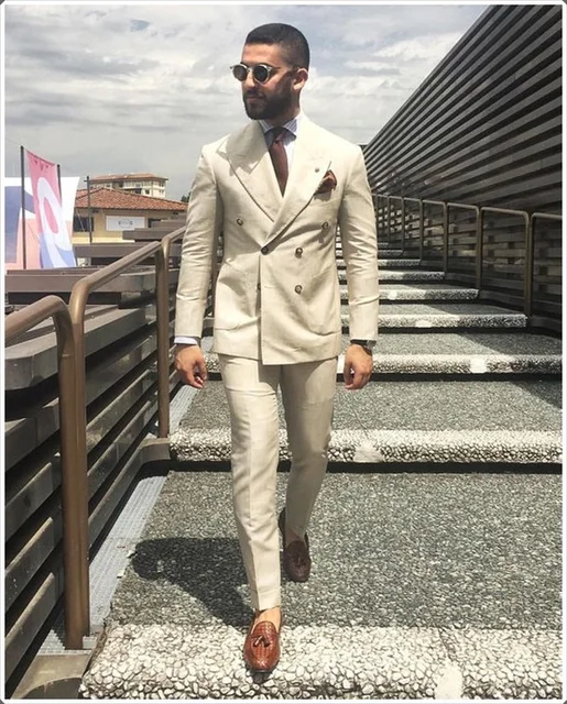 2017 Latest Coat Pant Designs Ivory Beige Double Breasted Men Suit