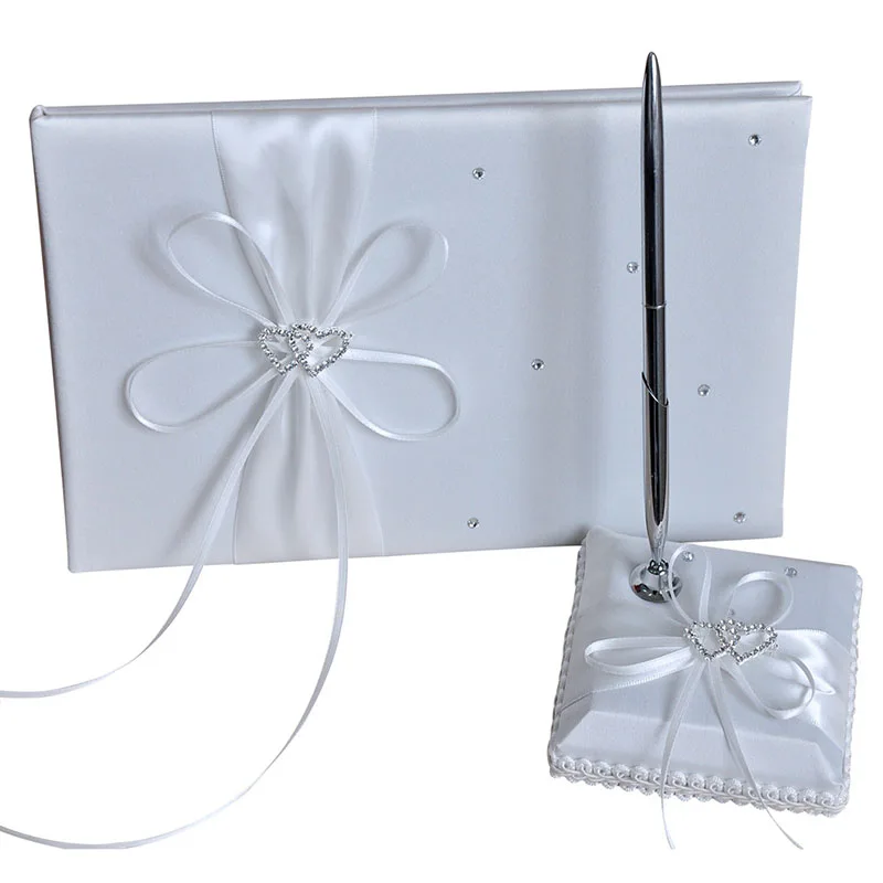 

High Quality Satin Wedding Signature Guest Book 25 x 16cm Double Heart Communion Gifts Souvenirs with Rhinestone Decor Supplies