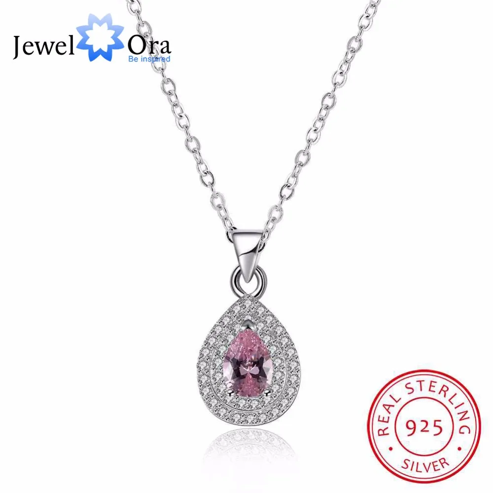Solid 925 Sterling Silver Necklace Water Drop Pink Stone Wedding