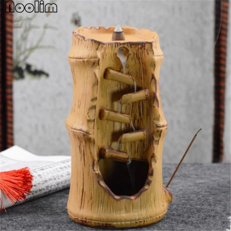 

Bamboo Design Ceramic Backflow Incense Burner Smoke Waterfall Incense Holder Home Office Decor Censer+20Pcs Free Cones