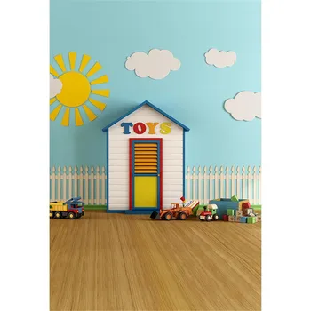 

Blue Sky Wall Clouds Baby Shower Boy Backdrop Photography Printed Sun Cars Toys Store Kids Children Photo Backgrounds Wood Floor