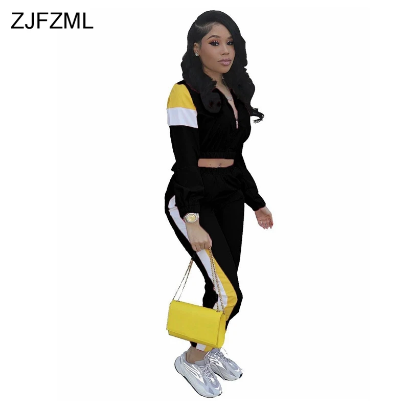 

Contrast Color 2 Piece Tracksuit For Women Long Sleeve Turn Down Collar Short Coat And Side Stripe Pencil Pant Casual Sweatsuits