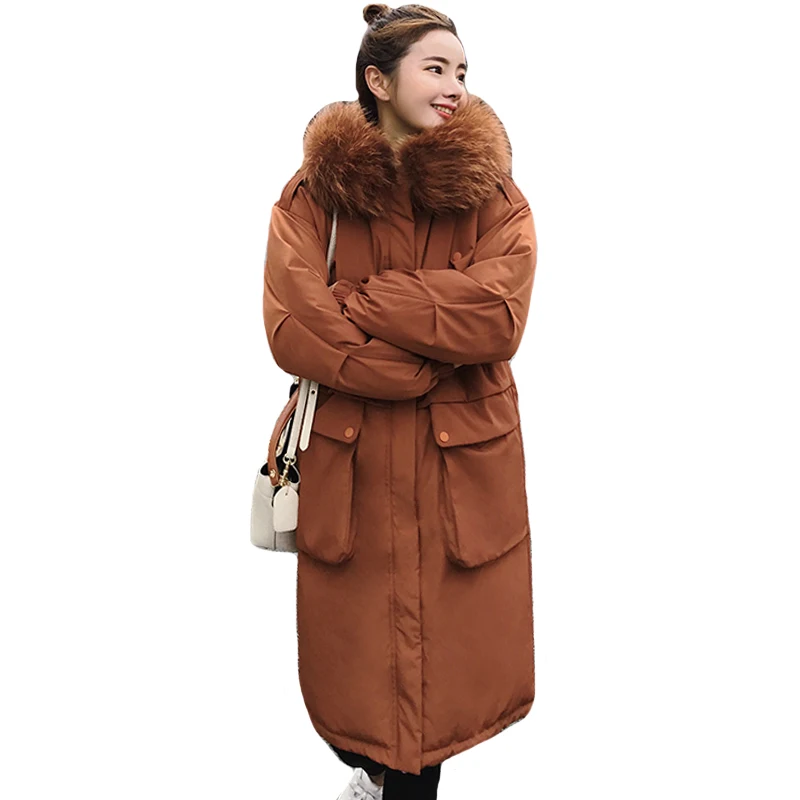 

2019 Fashion Women Winter Jacket Oversized Loose Hooded With Fur Collar Female Coat Long Cotton Padded Parka