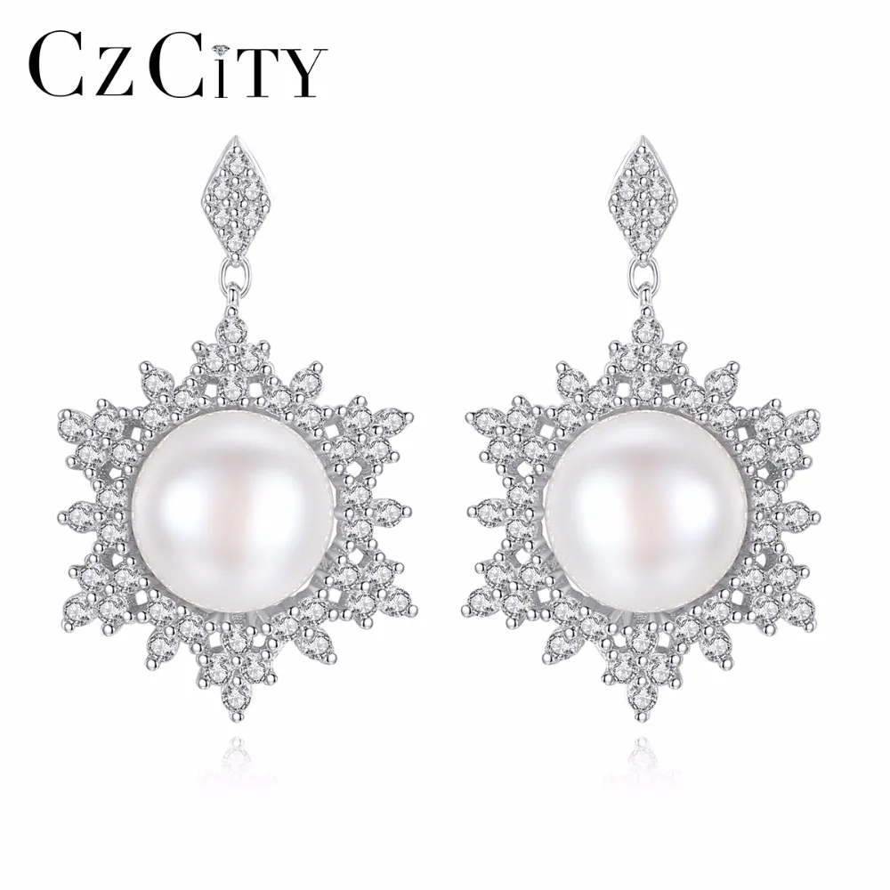 

CZCITY Brands Snowflake White Cubic Zirconia Earrings Freshwater Pearl Sterling Silver 925 Vintage Earrings Boho Jewelry Gift