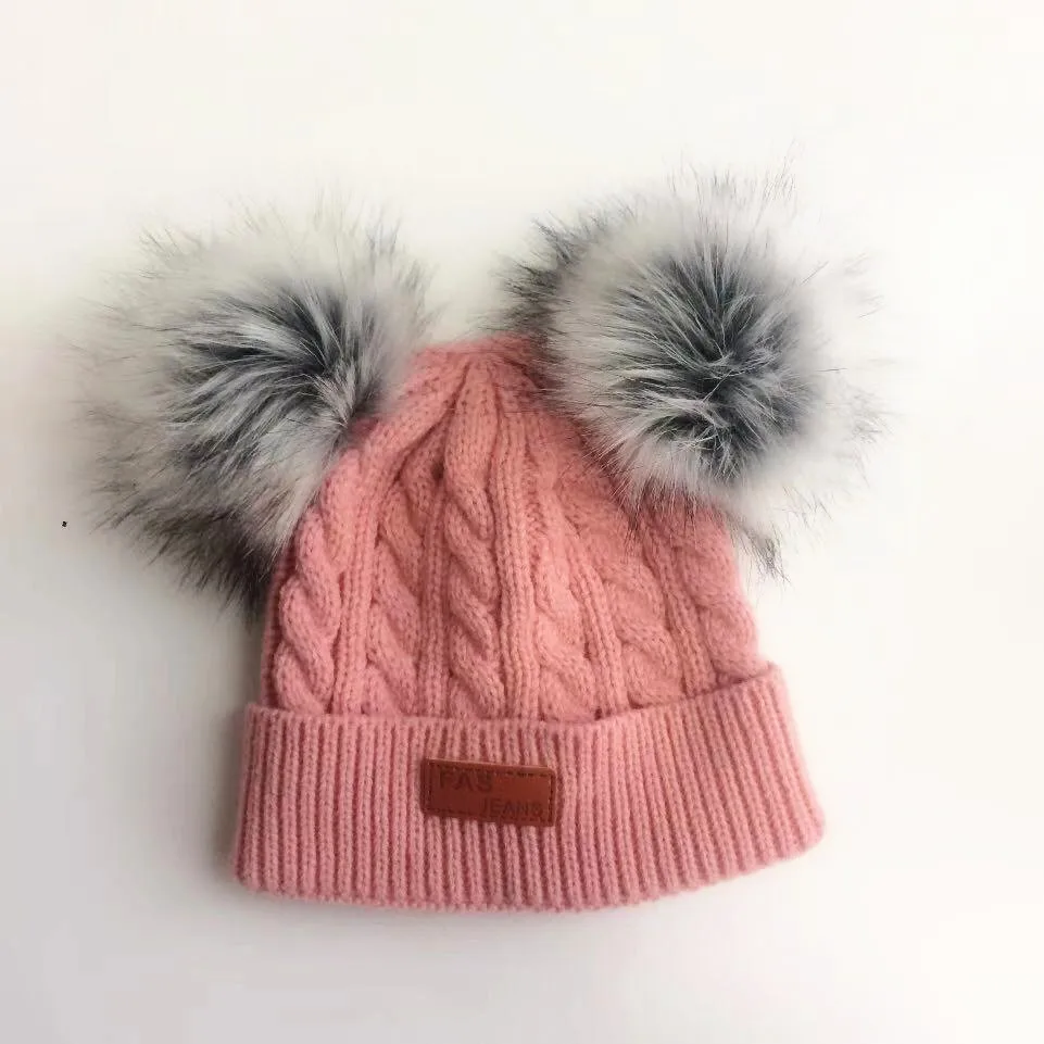 Beanies/детская шапка с двойным помпоном; зимняя детская шапка; вязаная Милая шапочка для девочек и мальчиков; повседневные однотонные детские шапки для девочек