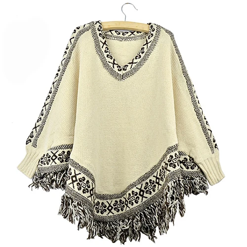 

Women's Sleeve Batwing Pullovers Tassels Hem Cloak Poncho Tops Knitting Sweater Coat Retail/Wholesale 6DQ9