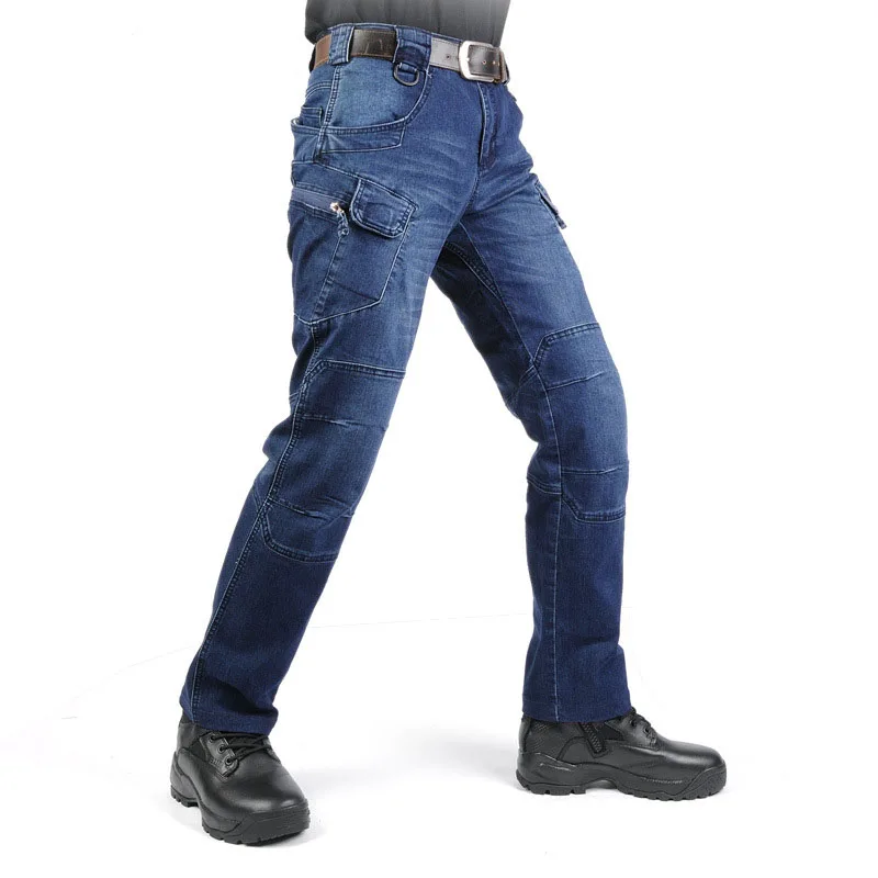 Mcikkny Men's Cargo Casual Jeans Pants With Multi-pockets Motorcycle Denim Trousers Military Style For Men's Outdoor Jeans Blue (2)